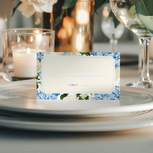 Elegante Blaue Hortensien Weiße Rosen Hochzeit Platzkarte