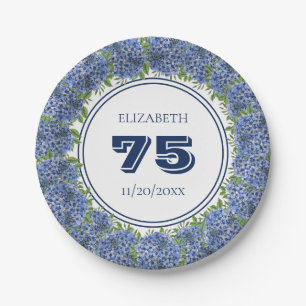 Elegante blaue Hortensien zum 75. Geburtstag Pappteller