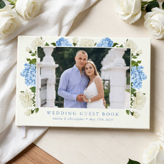 Elegante Blaue Hortensienblumen Weiße Rosen Hochze Gästebuch