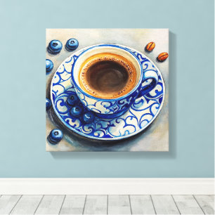 Elegante blaue Kaffeetasse mit Blaubeeren – Realis Leinwanddruck