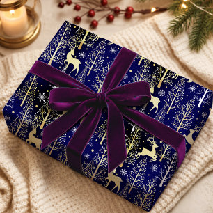 Elegante blaue klassische Rentiere Weihnachtsbäume Geschenkpapier