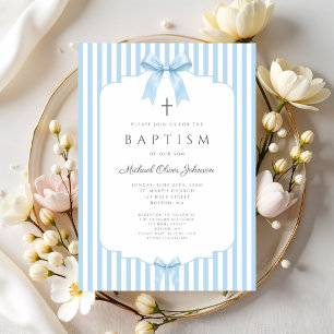 Elegante blaue Kokette Schleifen Jungen Taufe Einladung
