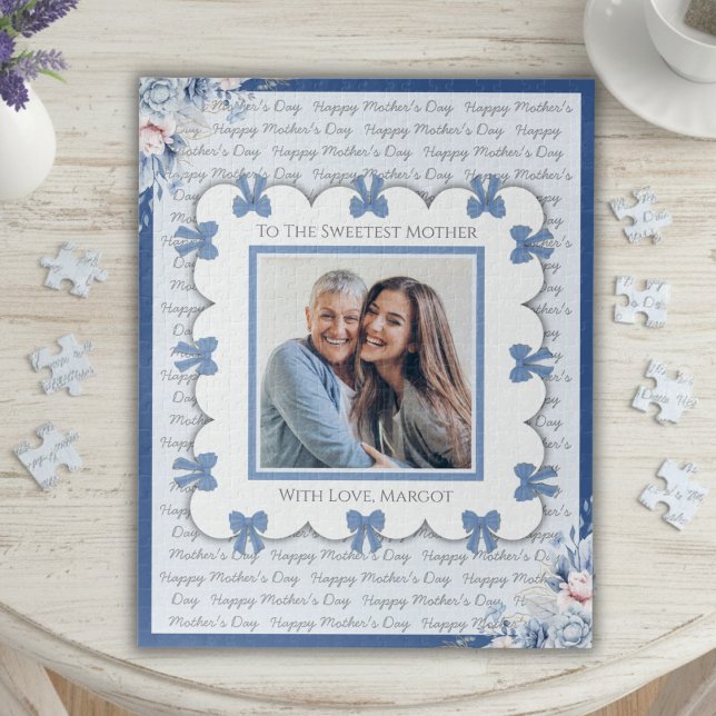 Elegante Blaue Kokette Süßestes Muttertagsfoto Puzzle (Piece together love with this personalized sweet floral Mother's Day photo puzzle)