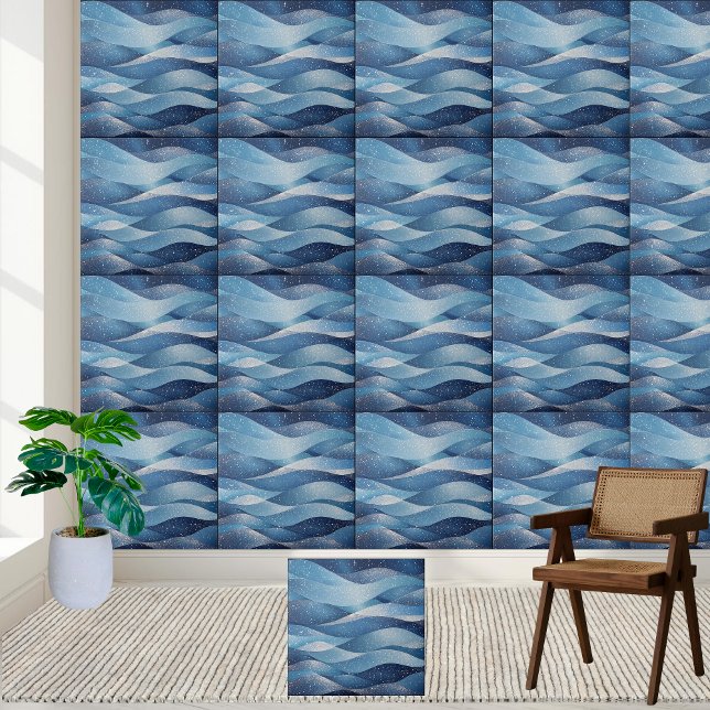 Elegante blaue kosmische Wellen - Sternenhimmel Fliese (Elegant Blue Cosmic Waves - Starry Night Ocean Ceramic Tile)