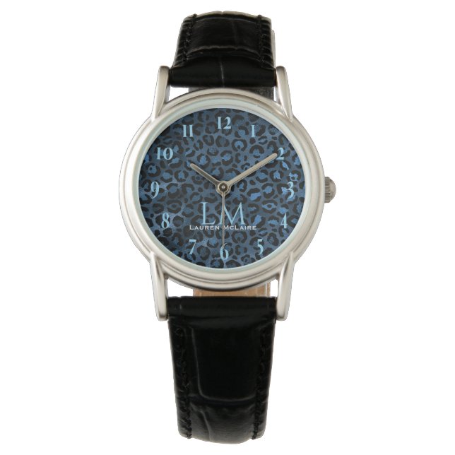 Elegante Blaue Leopard-Personalisierte Uhr (Vorderseite)