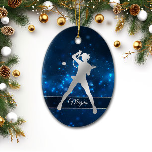 Elegante blaue Lichter Silberne Tennisspielerin Keramik Ornament