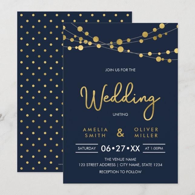 Elegante blaue Lichterketten Einladung zur Hochzei (Vorne/Hinten)