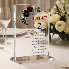 Elegante blaue marineburdische Blume Hochzeitssitz Acrylschild