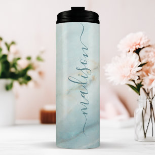 Elegante Blaue Marmor Chic Signatur Schrift Name Thermosbecher