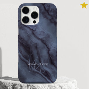 Elegante Blaue Marmor Namensinitialen Monogrammier iPhone 16 Pro Max Hülle