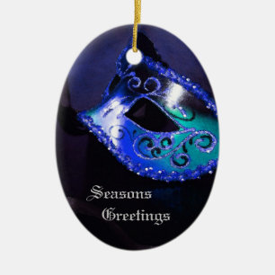 Elegante blaue Maskenball-Maske als Weihnachtsdeko Keramikornament