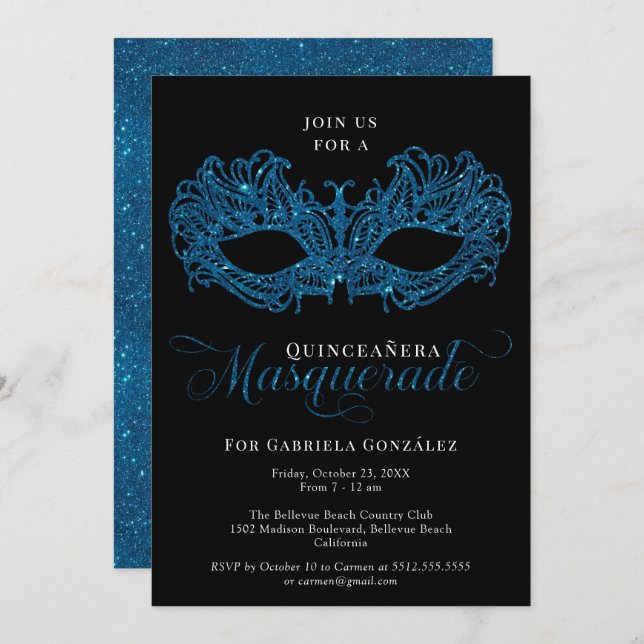 Elegante Blaue Masquerade Maske Quinceanera Einladung (Vorne/Hinten)