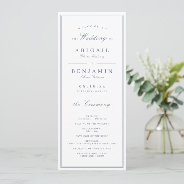 Elegante blaue minimalistische Hochzeitsprogramme  Programm (Stehend Vorderseite)