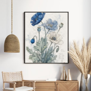 Elegante Blaue Mohnblumen Botanische Kunst Poster