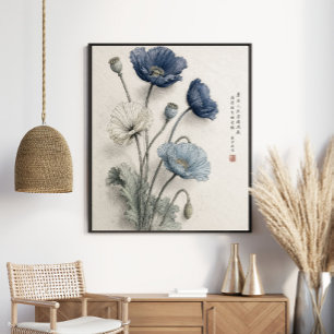 Elegante Blaue Mohnblumen Botanische Kunst Poster