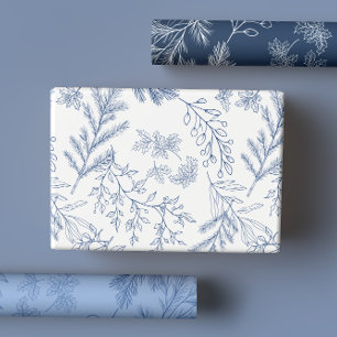 Elegante blaue monochrome rustikale Winter Botanic Geschenkpapier Set