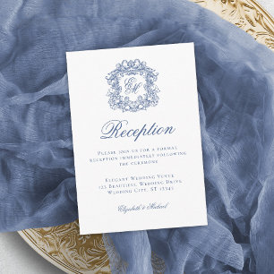 Elegante blaue Monogramm-Wappen-Hochzeitsfeier Begleitkarte