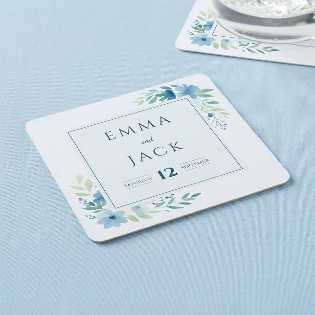 Elegante blaue Namen und Datum der Hochzeit Rechteckiger Pappuntersetzer (Elegant blue greenery names and date wedding square paper coaster.)