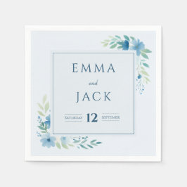 Elegante blaue Namen und Datum der Hochzeit Serviette