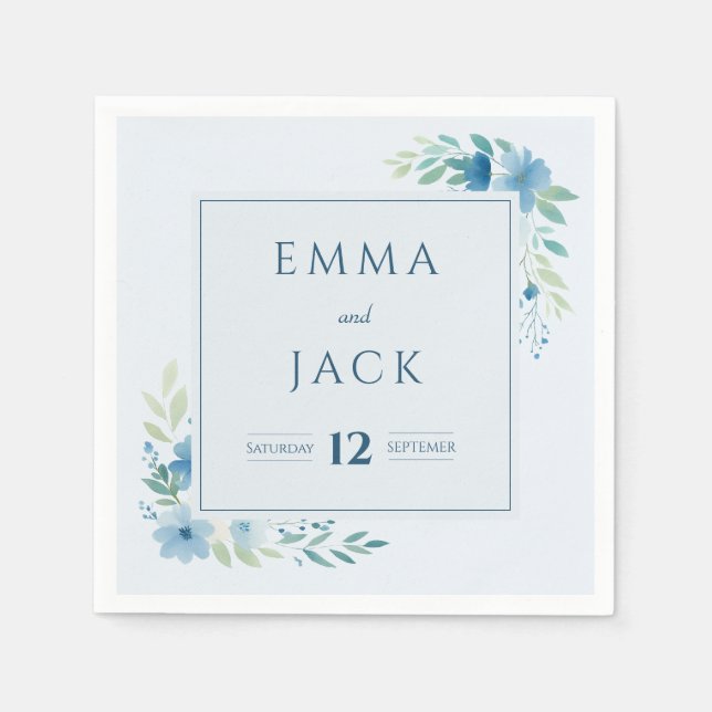 Elegante blaue Namen und Datum der Hochzeit Serviette (Vorderseite)