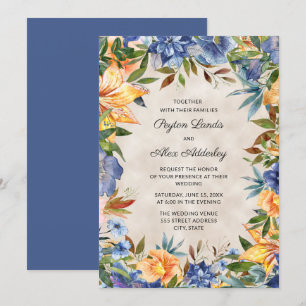 Elegante blaue orange Wasserfarbe Blumenhochzeit Einladung