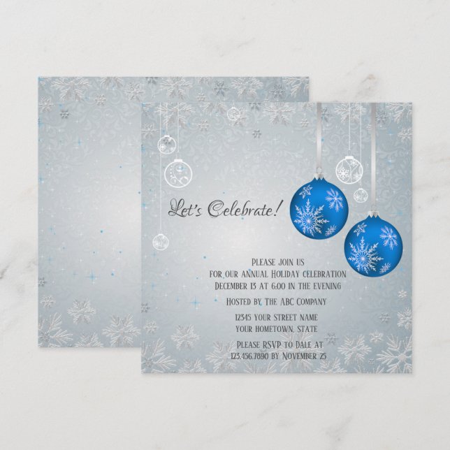 Elegante blaue Ornamente Silver Snowflakes Weihnac Einladung (Vorne/Hinten)
