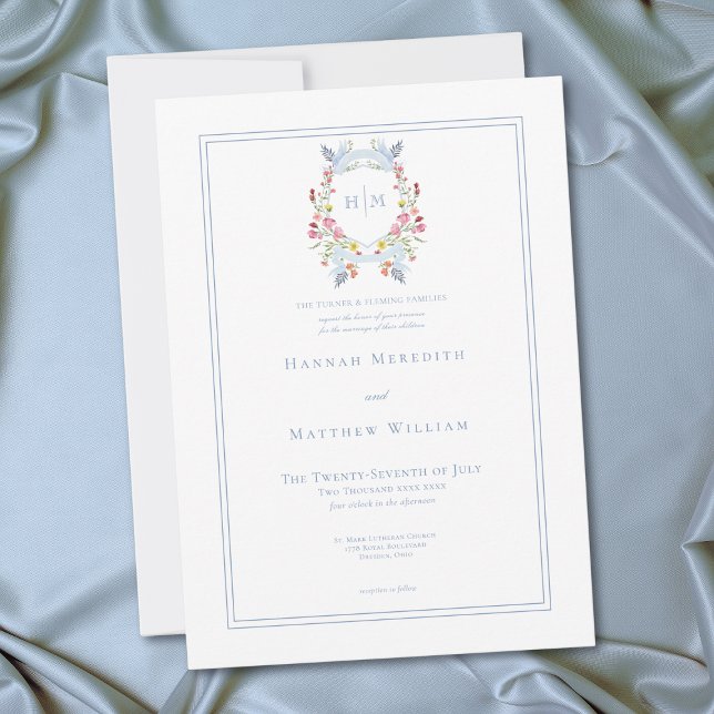Elegante blaue Pastell-Wildblumen-Königswappen-Hoc Einladung (Elegant Blue Pastel Wildflower Regal Crest Wedding Invitation)