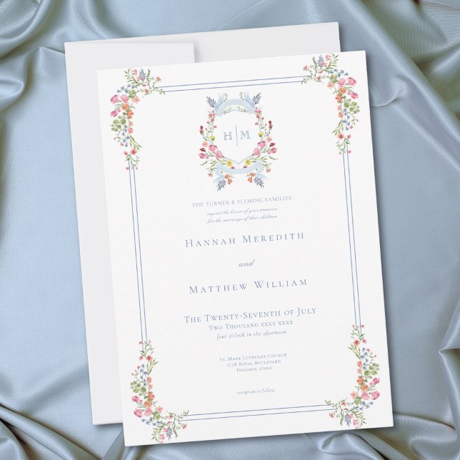 Elegante blaue Pastell-Wildblumen-Krone für die Ho Einladung (Elegant Blue Pastel Wildflower Regal Crest Wedding Invitation)