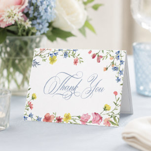 Elegante blaue Pastell-Wildblumen-Wappen-Brautpart Dankeskarte