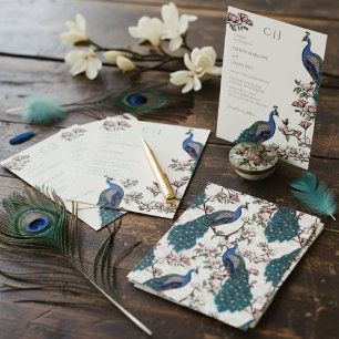 Elegante Blaue Pfau- und Magnolienblüten-Hochzeit Einladung
