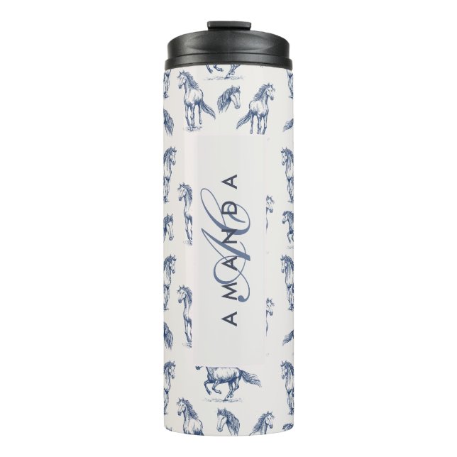 Elegante Blaue Pferde Mit Monogramm Erstgeschenke Thermosbecher (Vorderseite)