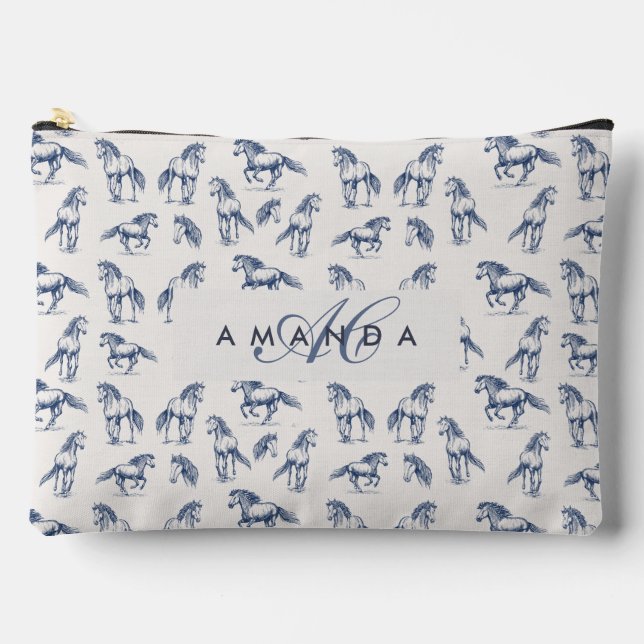Elegante Blaue Pferde Mit Monogramm Erstgeschenke Zubehörtasche (Vorderseite)
