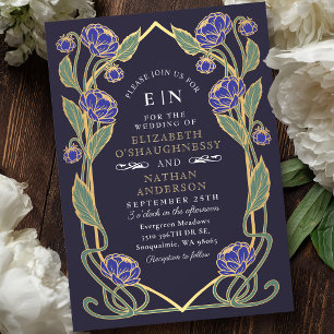 Elegante blaue Pfingstrose Art Nouveau Floral Hoch Einladung