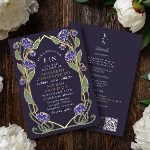 Elegante blaue Pfingstrose Art Nouveau QR-Code Hoc Einladung