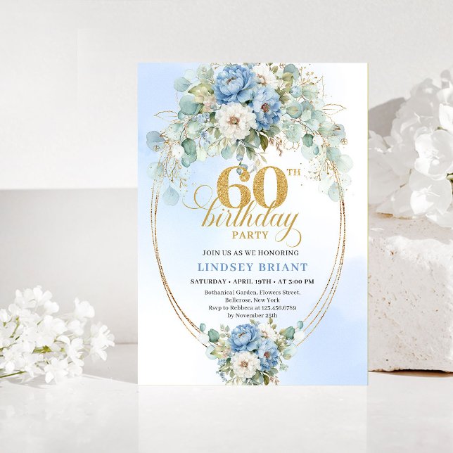 Elegante Blaue Pfingstrosen Einladung zum 60. Gebu (Elegant Blue Peonies 60th Birthday Invitation)