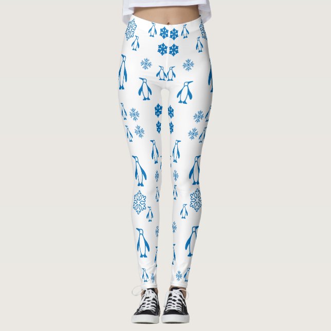 Elegante blaue Pinguine mit Schneeflocken Leggings (Vorderseite)