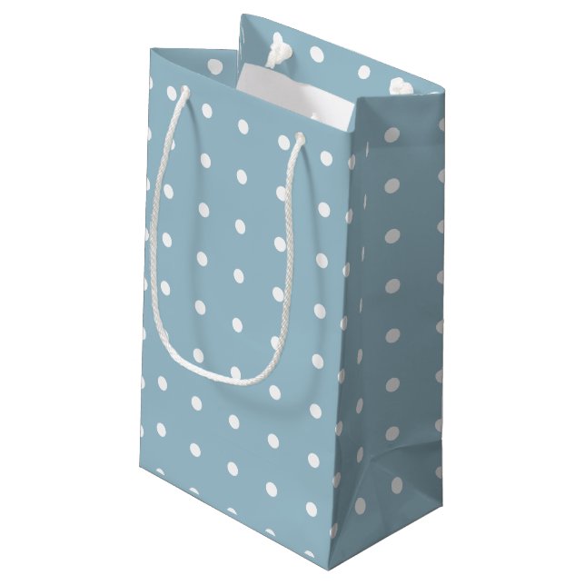 Elegante blaue Polka-Dot-Papiertüte Kleine Geschenktüte (Rückseite Schrägansicht)