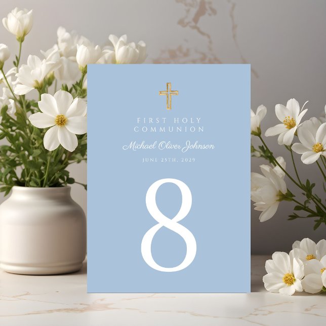 Elegante blaue religiöse Kreuz Jungen Erstkommunio Tischnummer (Elegant Blue Religious Cross Boy First Communion Table Number)