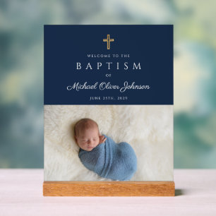 Elegante blaue religiöse Kreuz-Jungen-Taufe Willko Acrylschild