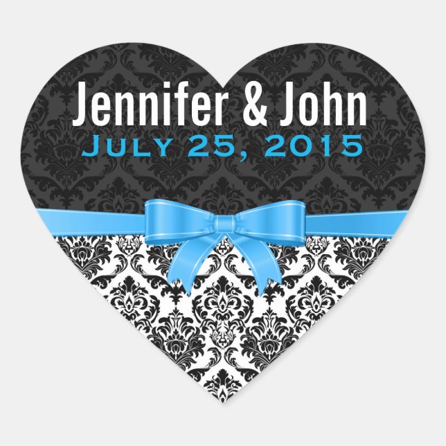Elegante blaue Ribbon Black & White Damaskus 2 Herz-Aufkleber (Vorderseite)