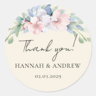 Elegante Blaue Rosa Blumen Hochzeit Runder Aufkleber