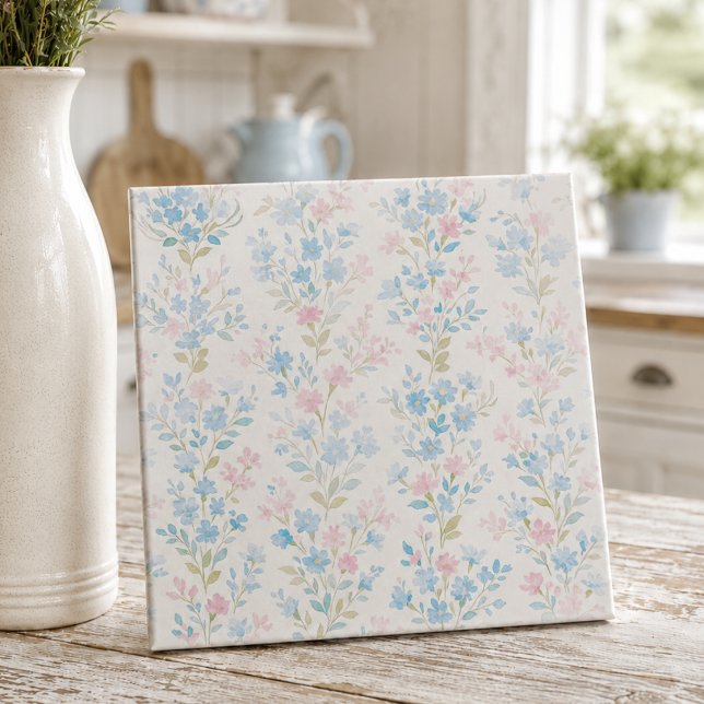 Elegante blaue rosa Blumenkeramikfliese Fliese (elegant sweet girly grandmillennial floral decorative tile for kitchen backsplash or bathroom)