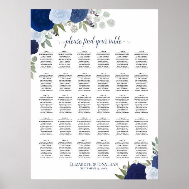 Elegante blaue Rose 30 Tabelle Seating Chart Poster (Vorne)