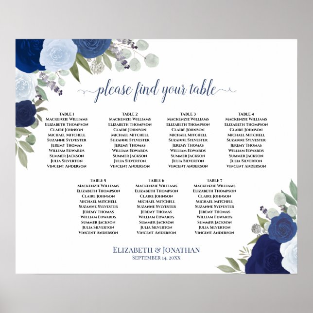 Elegante blaue Rose 7 Tabelle Seating Chart Poster (Vorne)