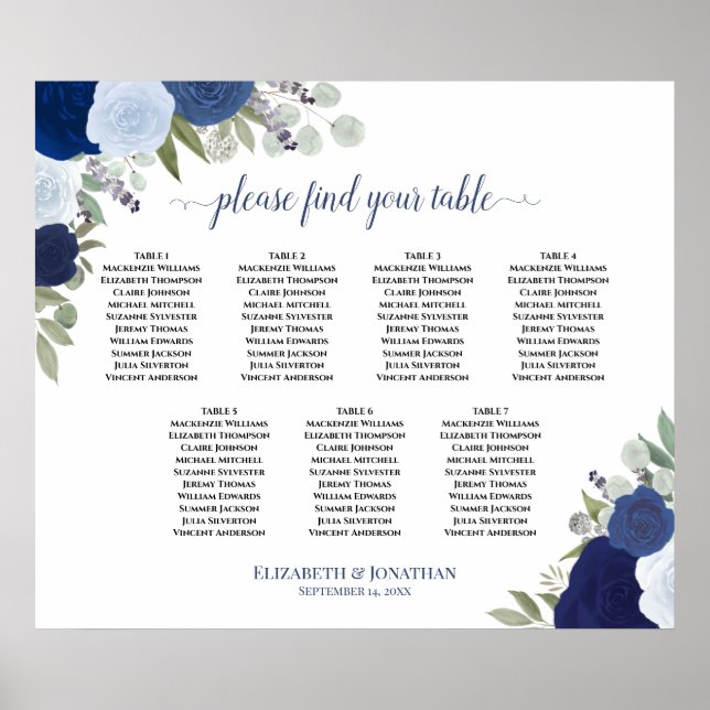 Elegante blaue Rose 7 Tabelle Seating Chart Poster (Vorne)