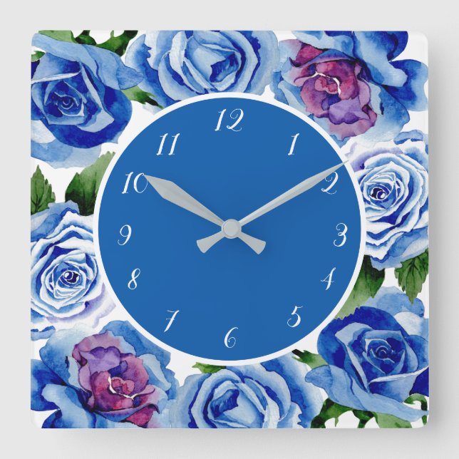 Elegante blaue Rose Blumendekoration Quadratische Wanduhr (Vorderseite)