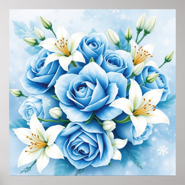 Elegante blaue Rose Blumenstrauß drucken Poster (Vorne)