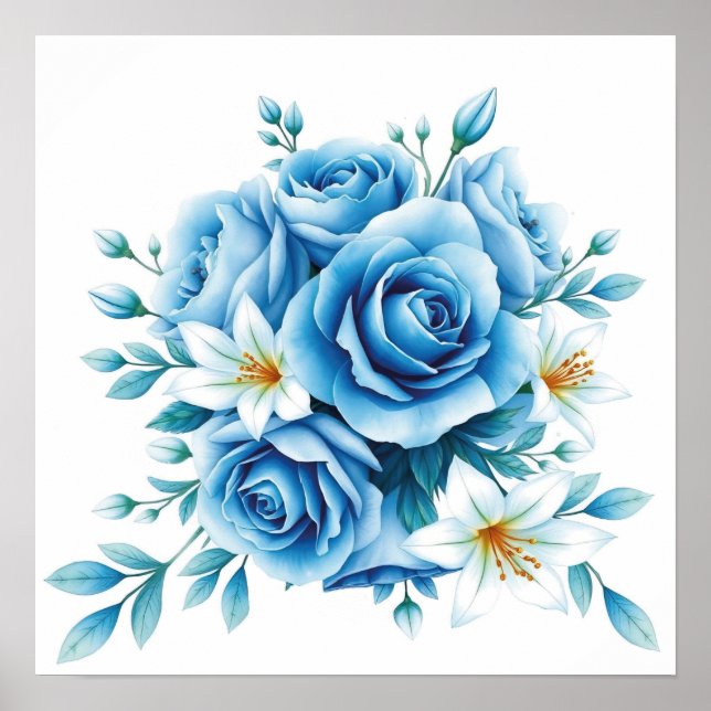 Elegante blaue Rose Blumenstrauß-Kunst, Dichtung u Poster (Vorne)