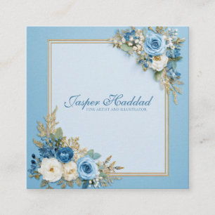 Elegante Blaue Rose Floral Gold Rahmen Moderne Pud Quadratische Visitenkarte