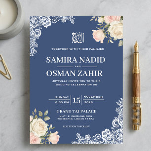Elegante Blaue Rose Florale Spitze Nikah Muslimisc Einladung